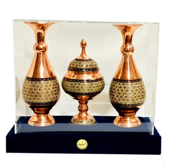 ست گلدان و شکلات خوری مس و خاتم - Image 11