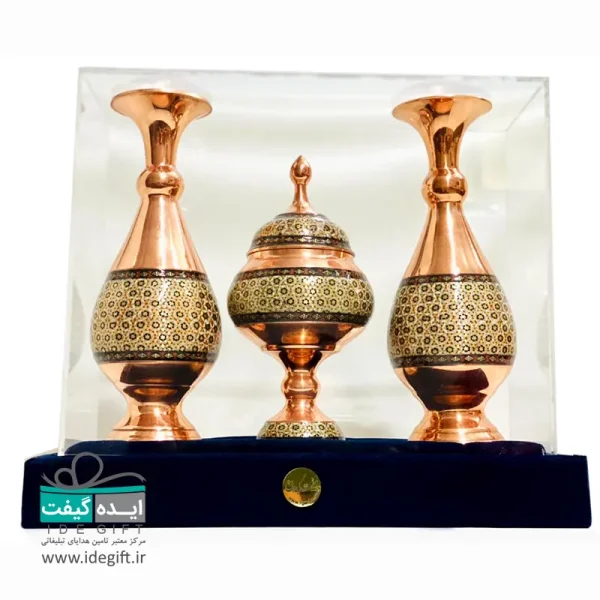 ست گلدان و شکلات خوری مس و خاتم - Image 10