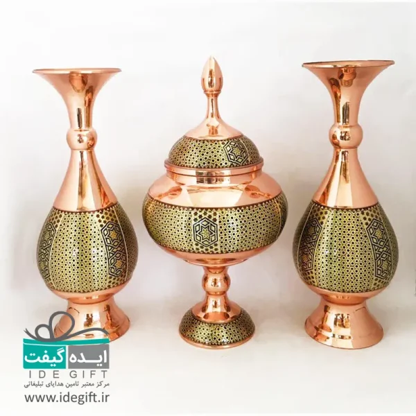 ست گلدان و شکلات خوری مس و خاتم - Image 8